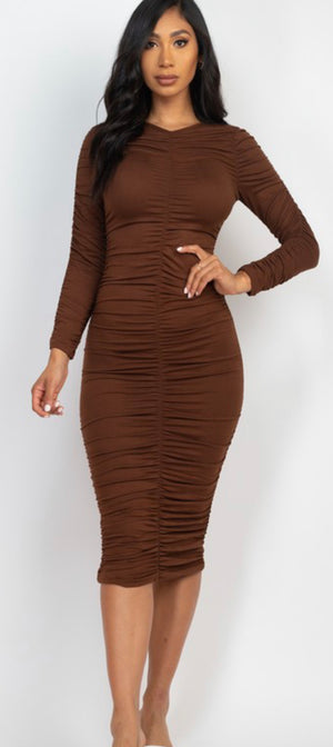 Ruched Long Sleeve Midi Dress